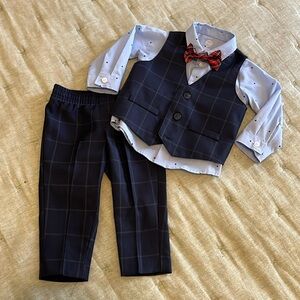 12M 3-piece navy/blue suit with red bow tie